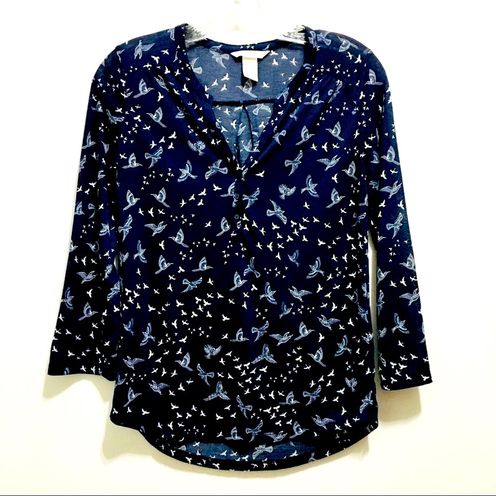 H&M Women’s Navy Blue Peasant Top with Birds Long Sleeve